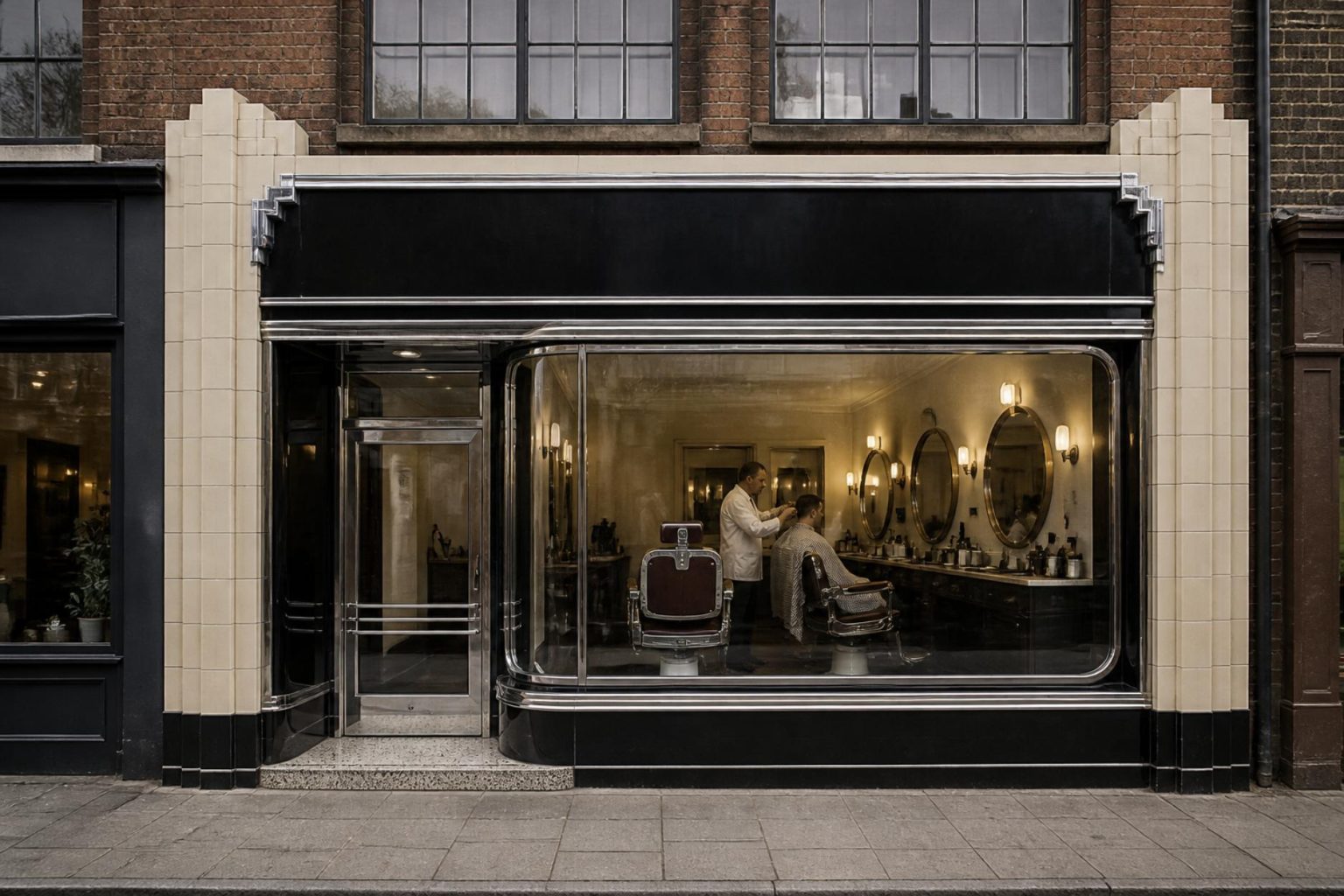 Example 2 of 5: a restored 1930s Art Deco barber shop called No. 9, in black glass, chrome and cream tiles, with a barber at work behind a curved glass window