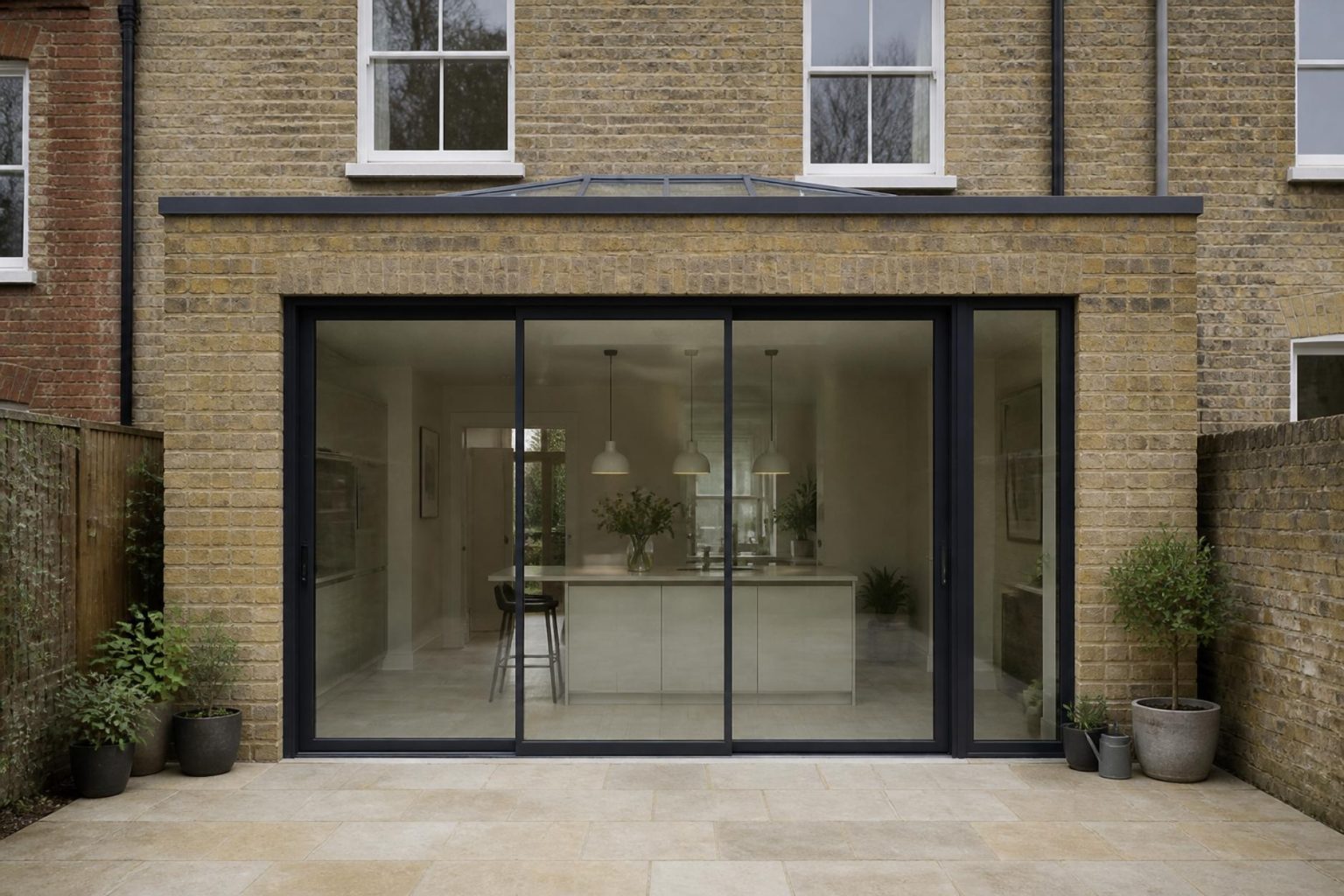 Example 4 of 5: a finished single-storey rear extension on a London terraced house, with black sliding glass doors, a roof lantern and a stone patio