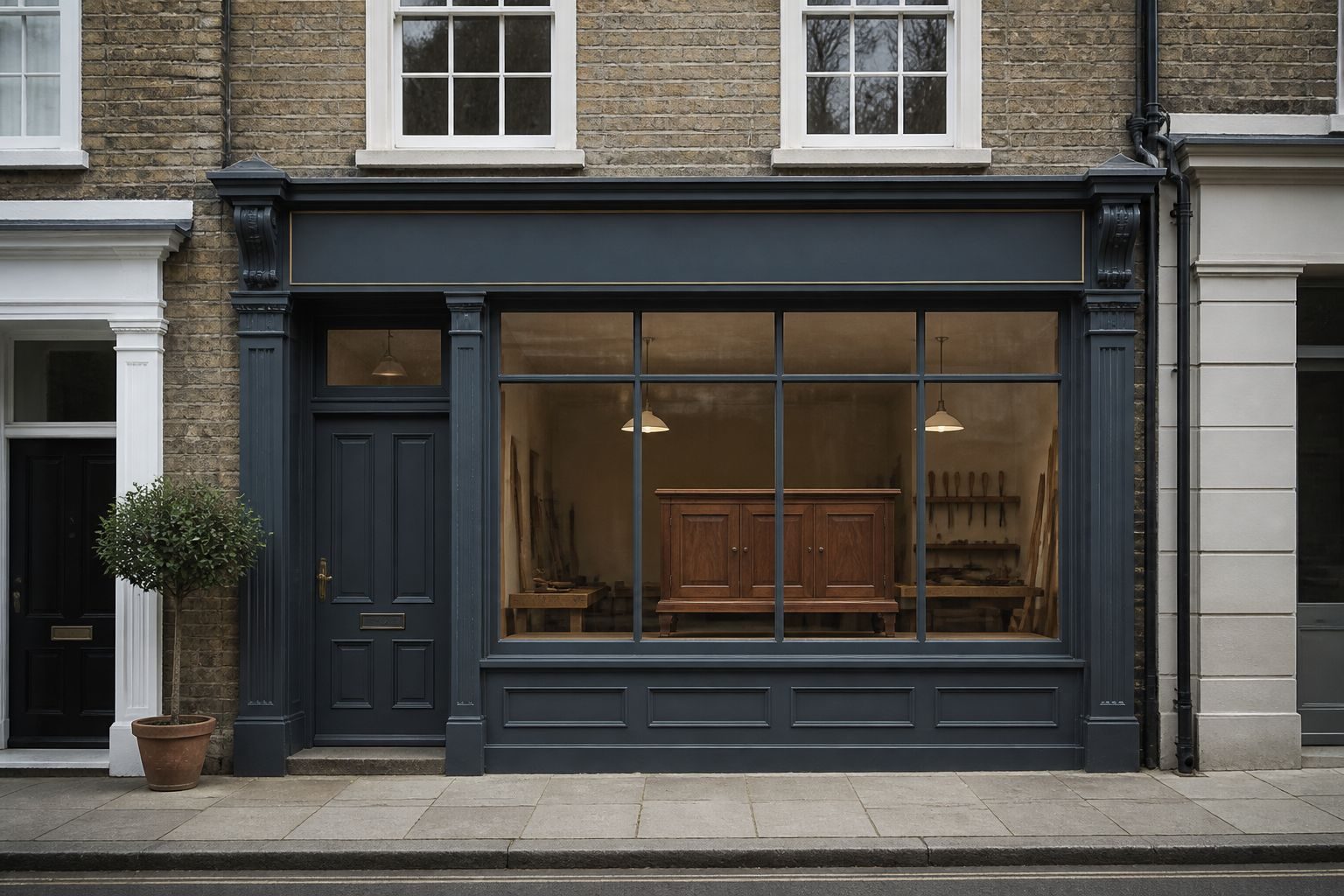Example 1 of 5: a classic slate-blue Victorian shopfront of a cabinet maker called Hartwell, with a walnut cabinet and a workbench behind the window