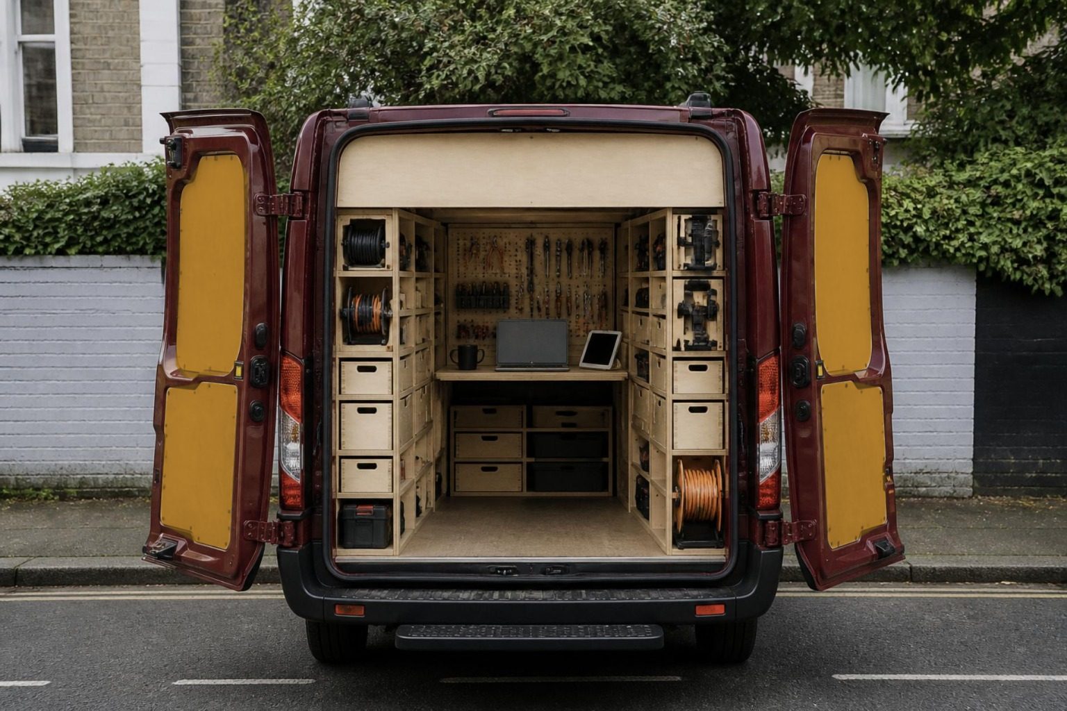 Example 5 of 5: an electrician's van seen from behind with both rear doors open, mustard-painted door linings, birch plywood racking and a fold-down desk with a laptop and tablet