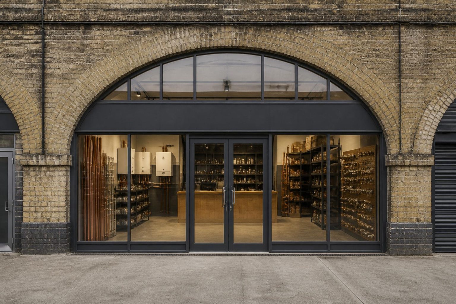 Example 3 of 5: a London railway arch converted into a plumbing and heating trade counter called Arch 14, with racks of copper pipe and boilers inside